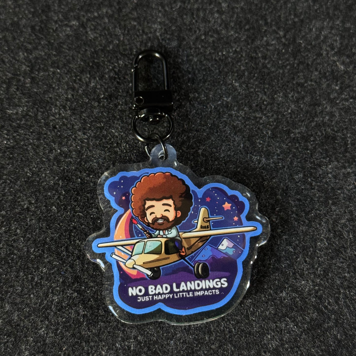 Double Sided Light & Dark Bob Ross No Bad Landings Epoxy Keychain with Keyring