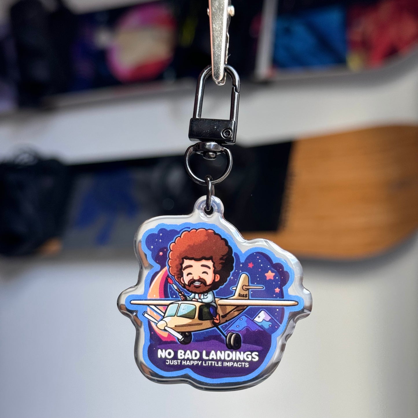 Double Sided Light & Dark Bob Ross No Bad Landings Epoxy Keychain with Keyring