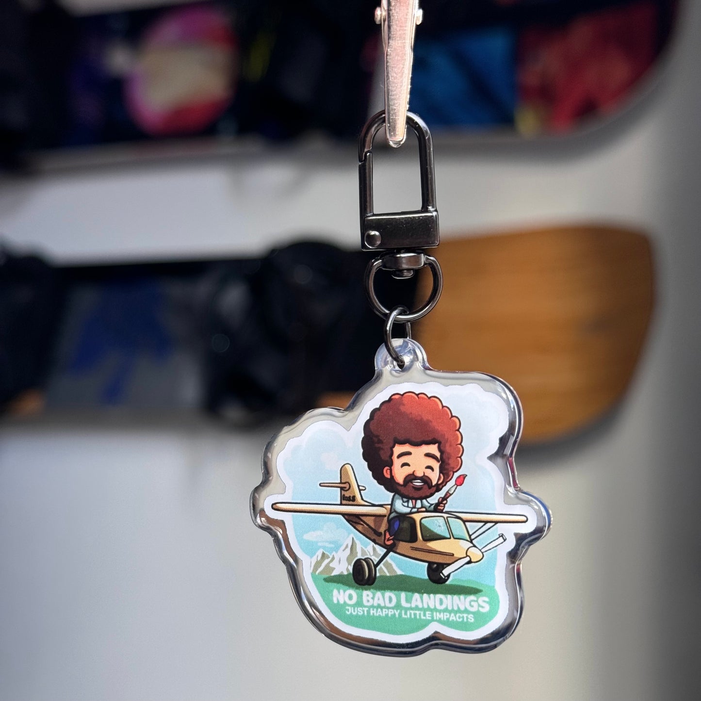 Double Sided Light & Dark Bob Ross No Bad Landings Epoxy Keychain with Keyring